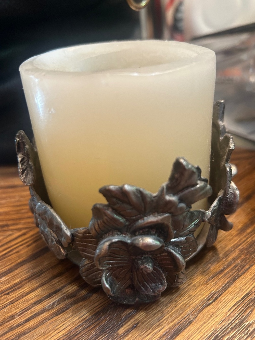Magnolia Ring Candle Holder Sleeve  Pewter For 3" Round Pillar Candle GUC